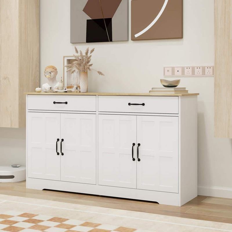 Nestfair - White and Natural Wood 55.90 in. Sideboard Buffet Cabinet with 4-Doors and 2-Drawers