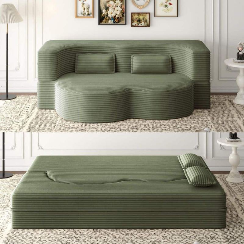 Nestfair - 78 in. W Square Arm Corduroy Rectangle Floor Sofa in Green with 2 Pillows, Compressed and No Assembly
