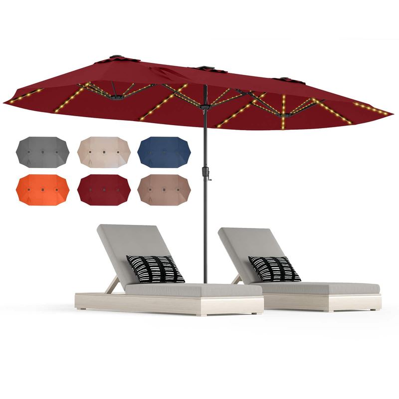 Gymax - 15.5 FT Double-sided Patio Umbrella w/ Solar Lights Outdoor Twin Size Umbrella - Red