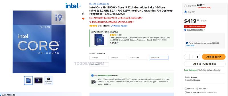 Intel Core i9-12900K + ASUS Z790 GAMING WIFI7 motherboard — $419.99 at Newegg!