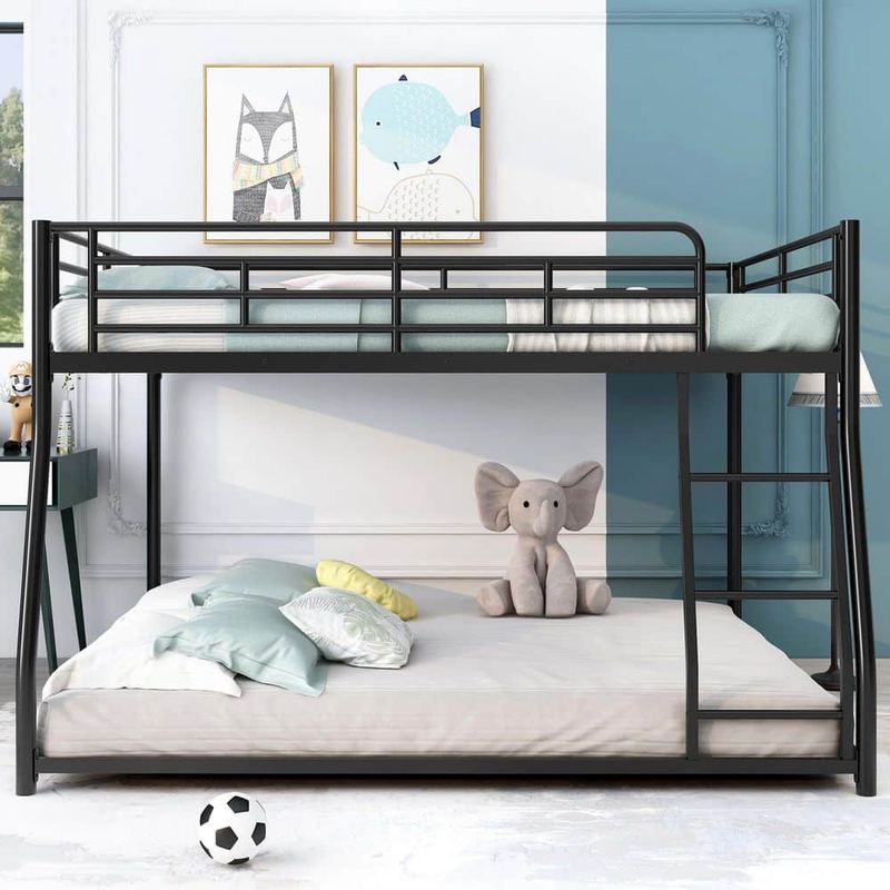 Qualler - Black Full XL over Queen Metal Floor Bunk Bed with Ladder
