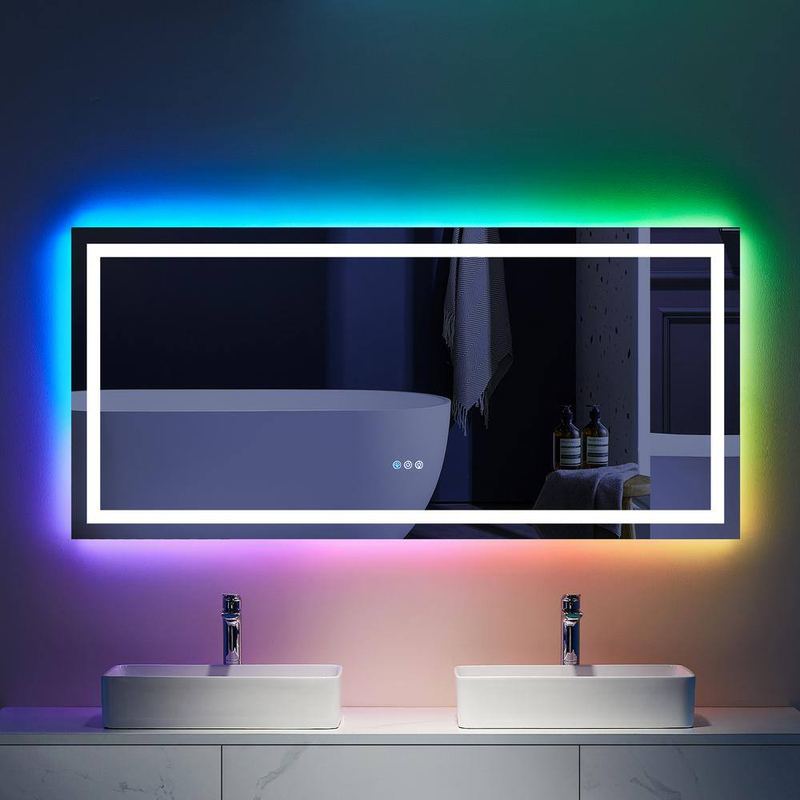 UPIKER - 60 in. W x 30 in. H Rectangular Frameless LED Anti Fog Backlit and Front Lighted Wall Bathroom Vanity Mirror in RGB