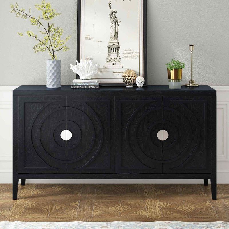Polibi - Black MDF Buffet Cabinet with Round Metal Door Handle and Sideboard Door