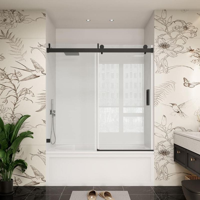 YINVANI - 60 in. W x 60 in. H Single Sliding Frameless Soft Close Bypass Bathtub Door in Matte Black with 3/8 in. Clear Glass