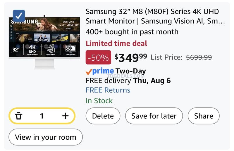 $350 Samsung 32” M8 (M80F) 4K UHD Smart Monitor