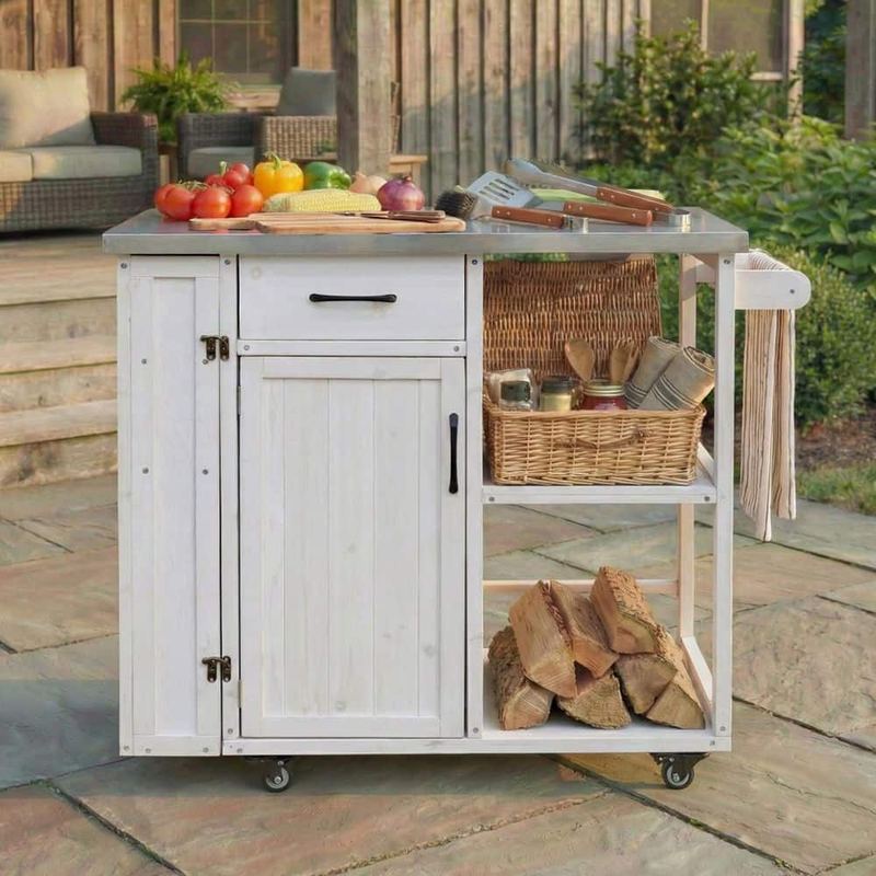 Polibi - White Stainless Steel Top Kitchen Cart with Stainless Top, Ample Storage Space, Towel and Spice Racks