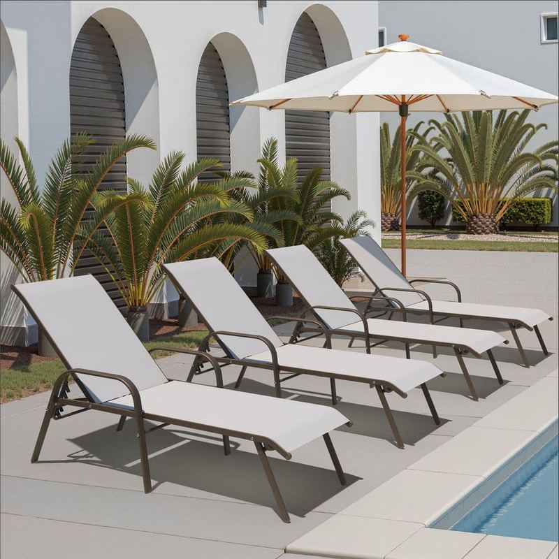 Pellebant - Full Flat 4-Piece Metal Outdoor Adjustable Chaise Lounge with Light Gray Textilene Fabric