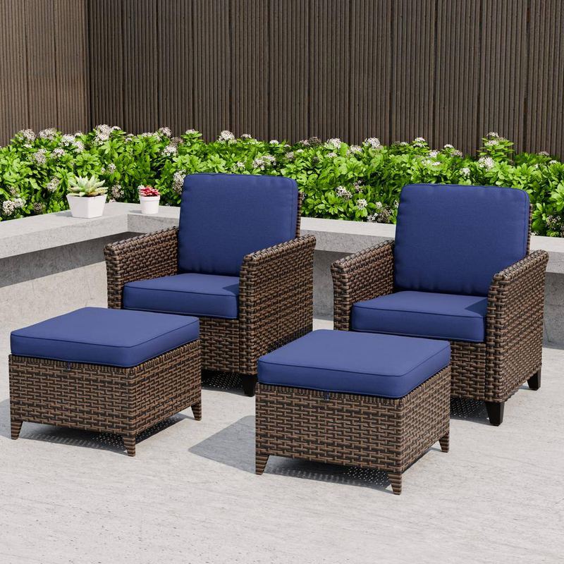 EAGLE PEAK - 4-Piece Mix Brown Wicker Patio Conversation Set Wide Armrest Dining Chair Set with Blue Cushions, Ottomans