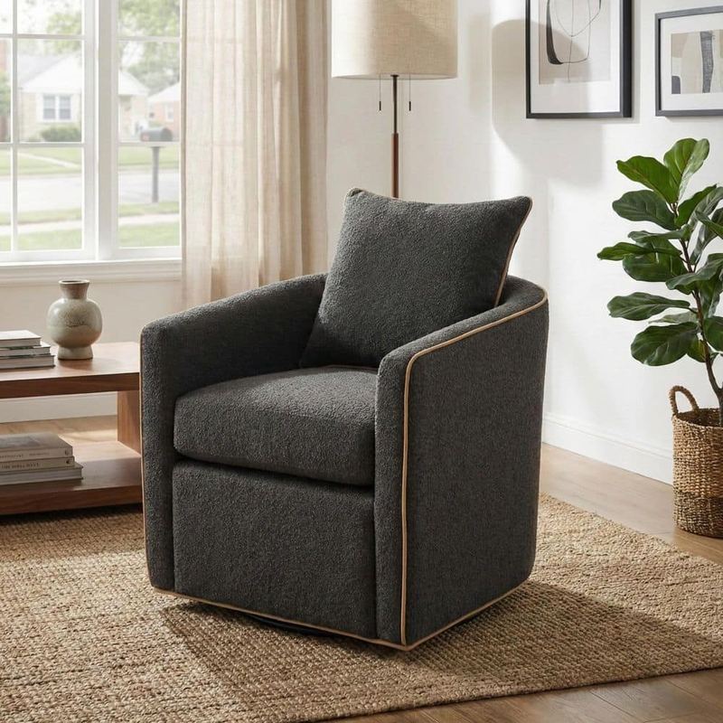 CHRISTOPHER KNIGHT HOME - Sovren Modern Dark Grey Polyester Fabric Upholstered Barrel Swivel Accent Arm Chair with Pillow