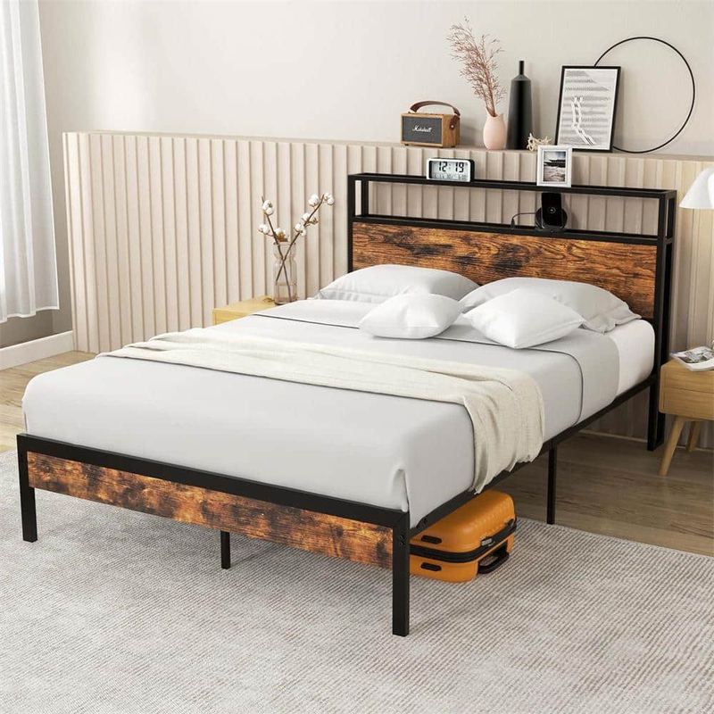 Costway - Rustic Brown Metal Bed Frame Full Platform Bed with Storage Headboard Charging Station 18-Watt USB C Port