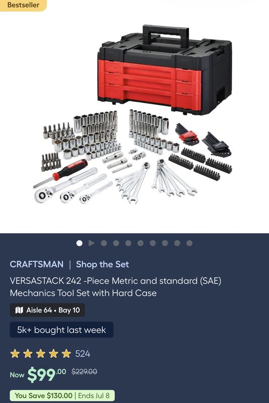 $229 CRAFTSMAN 242-PIECE TOOL SET FOR $99
