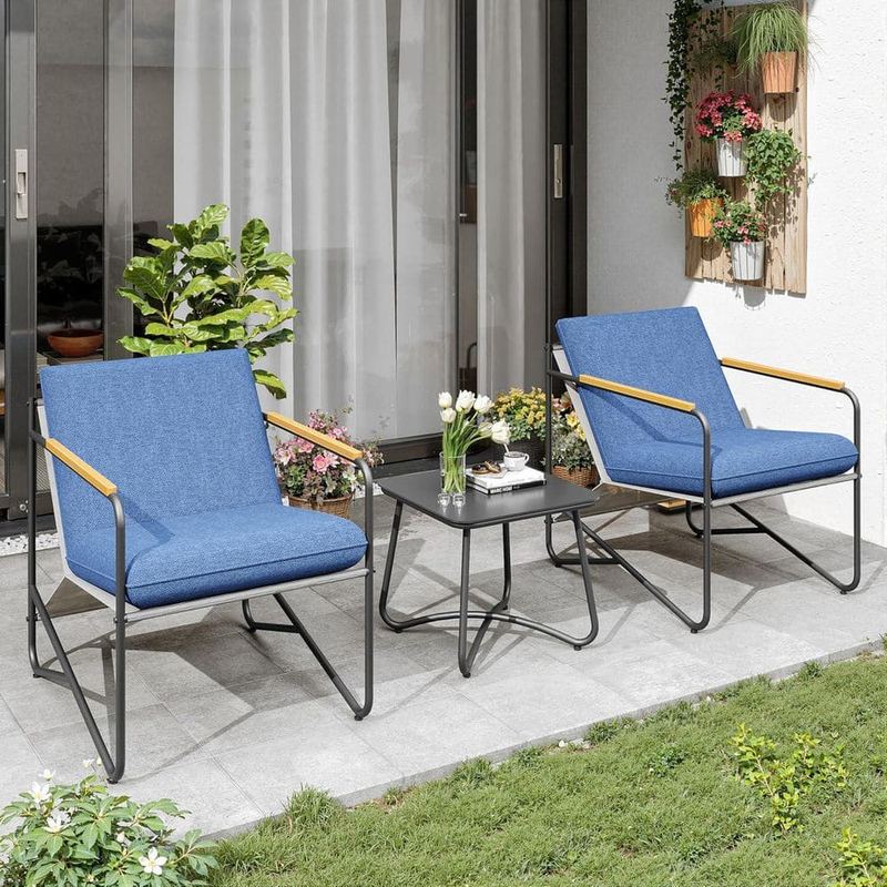 Maison Backyards - Compact Outdoor 3-Piece Wicker Patio Conversation Set with Blue Cushions