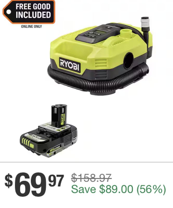 $69.97 RYOBI ONE+ 18V CORDLESS INFLATOR KIT