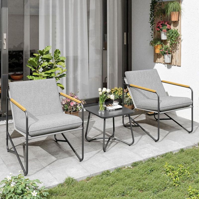Maison Backyards - Compact Outdoor 3-Piece Wicker Patio Conversation Set with Grey Cushions