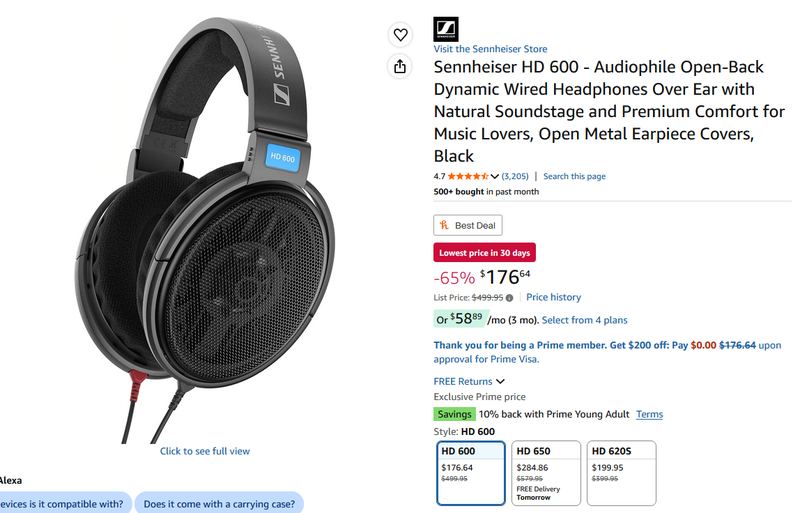 Sennheiser HD 600 Open-Back Headphone for $176