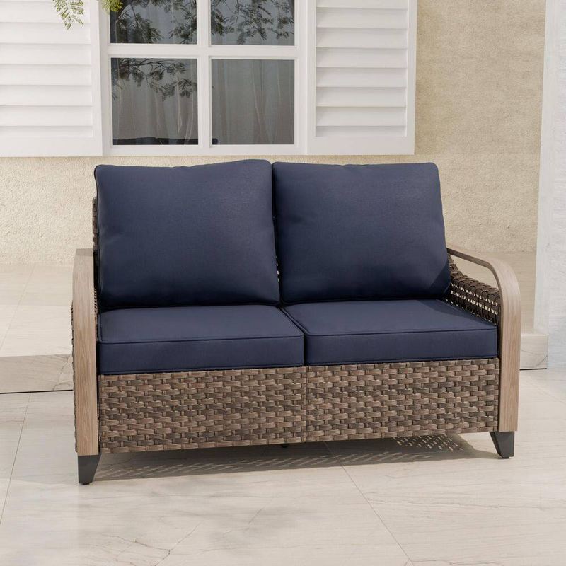 EAGLE PEAK - Brown Wicker Outdoor Patio Loveseat with Blue Cushions