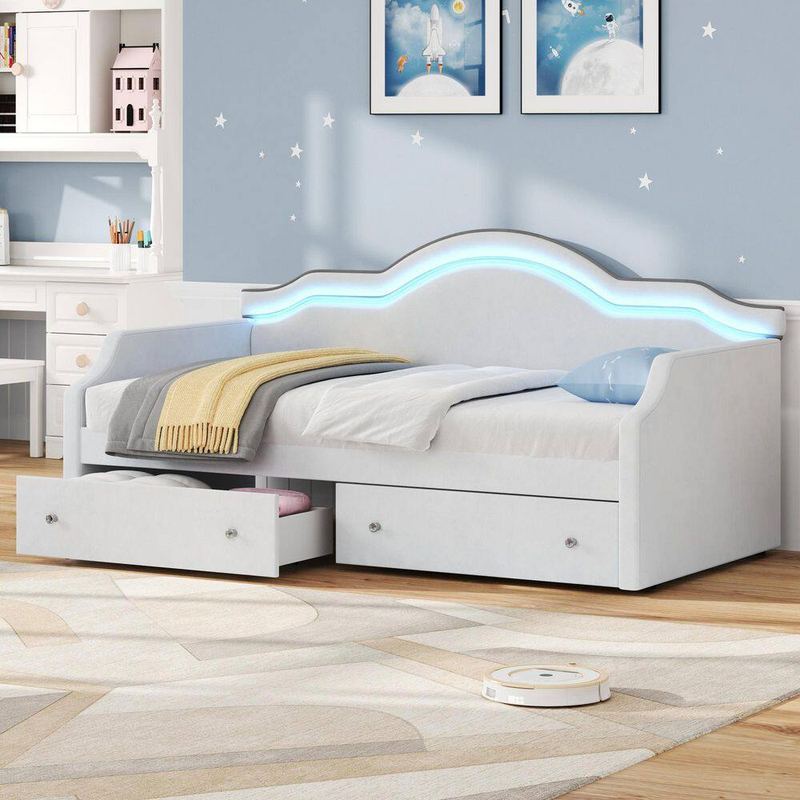 Nestfair - Beige Twin Size Upholstered Daybed with 2 Drawers and LED