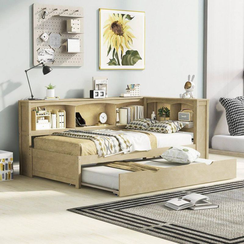 Polibi - Natural Wood Twin Size Daybed with Trundle, Storage Cabinets and USB Ports