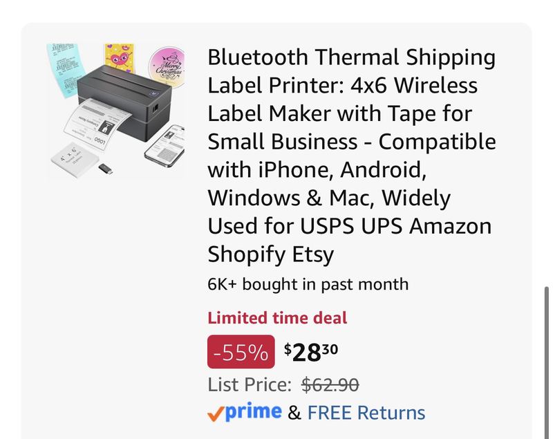 Bluetooth Shipping Label Printer for $28
