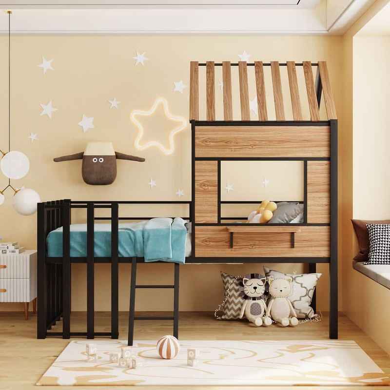 Polibi - Metal Twin size Loft Bed with Roof, Window, Guardrail, Ladder Black