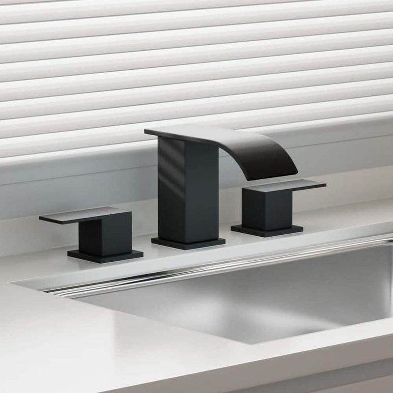 INSTER - Curve Waterfall 8 in. Widespread 2-Handle Bathroom Faucet 3-Hole Bath Sink Faucet with Pop-Up Drain in Matte Black