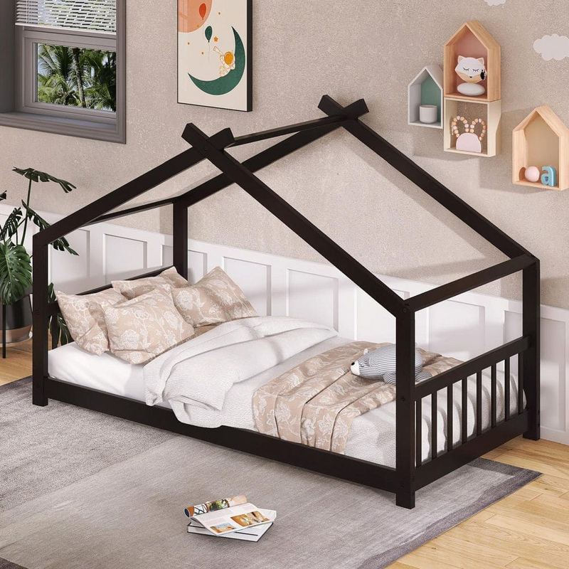 Harper & Bright Designs - Espresso Low Twin Size Wood House Bed