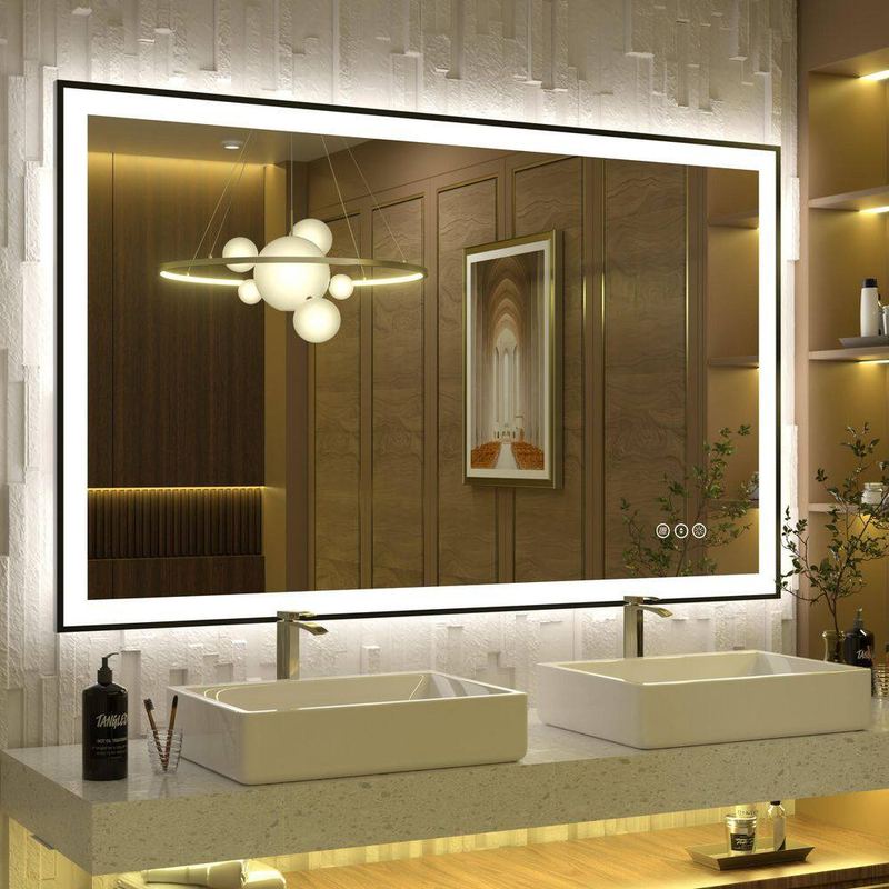 Apmir - 51 in.W x 32 in.H Rectangular Framed UL Certified Front and Back LED Anti-Fog Tempered Glass Wall Bathroom Vanity Mirror