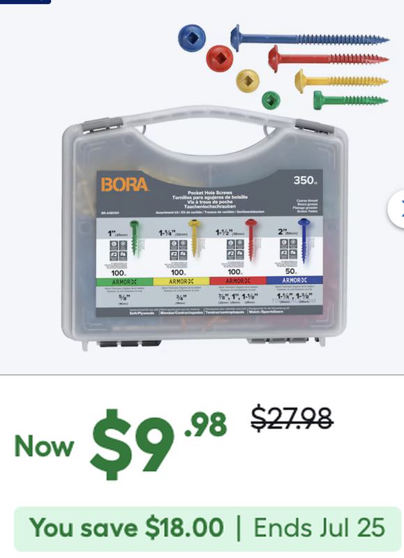 $27.98 BORA POCKET HOLE SCREWS KIT NOW $9.98