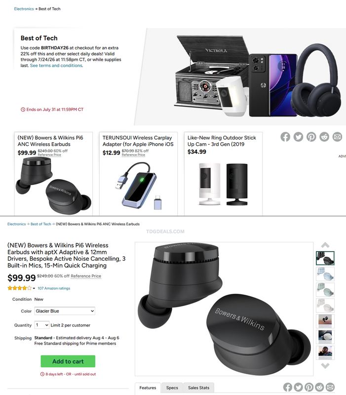B&W PI6 ANC EARBUDS — $99.99