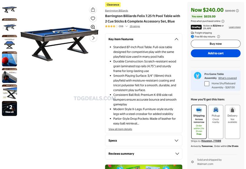 BARRINGTON FELIX POOL TABLE — $240.00
