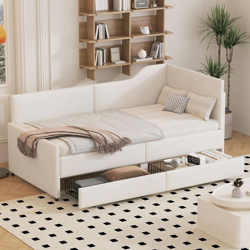 Nestfair - Beige Twin Size L-Shaped Upholstered Daybed with 2 Storage Drawers