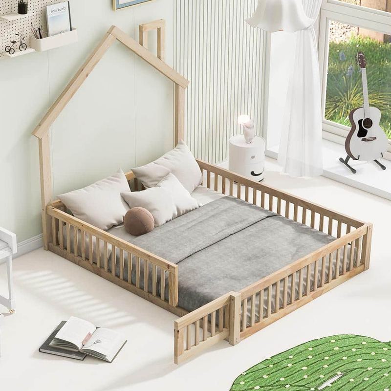 Harper & Bright Designs - Natural Full Size Wooden House Platform Bed, Floor Bed with Roof and Chimney Design, Wood Slats, Door, Guardrail