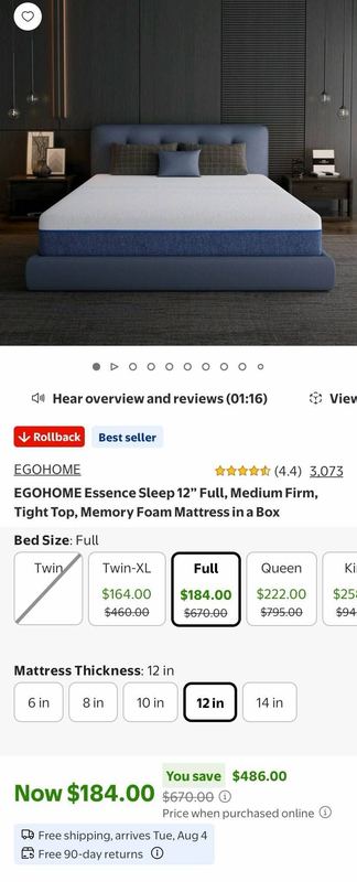 EGOHOME 12" MEMORY FOAM FULL MATTRESS — $184