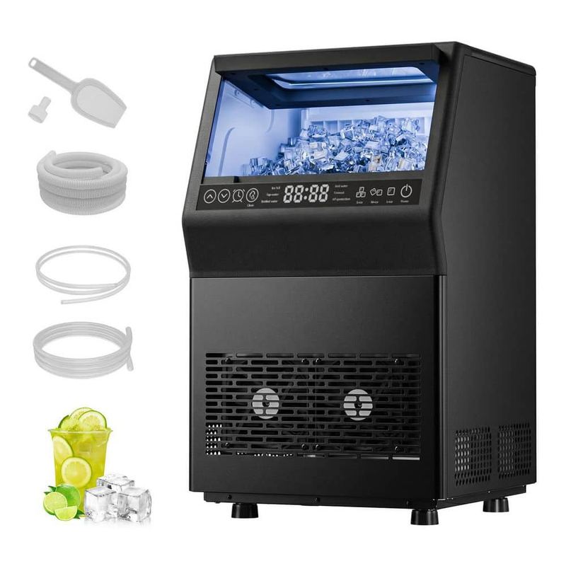 Anlicho - 14.17 in. 80 lb. /24H Full Size Cubes Freestanding Commercial Ice Maker in Matte Black with Dual Water Supply Options