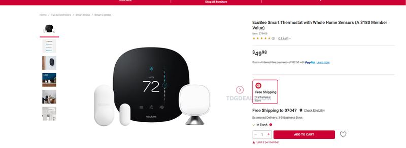 $180 ECOBEE SMART THERMOSTAT + WHOLE HOME SENSORS for $49.98