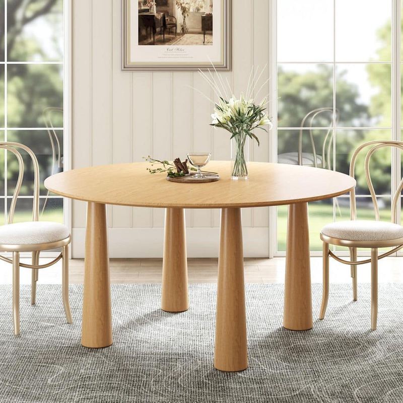 Lirago - Round Light Brown Solid Wood 52 in. Kitchen Tables 4-Legs Dining Table Seats 6