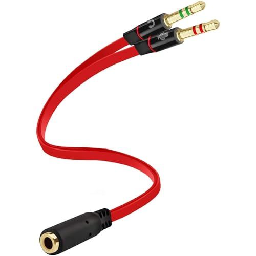 Yxflz Headphone Splitter 3.5mm, Audio Splitter 2 Female to 1 Male, Y Splitters Cable for Headset Xbox PS4 Headset Microphone Computer Gaming Speaker PC Laptop, Red