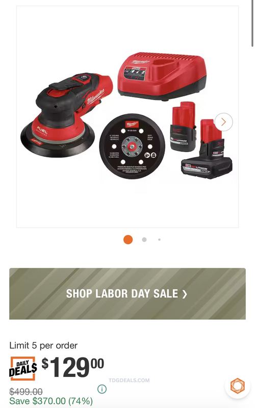 $499 MILWAUKEE M12 FUEL 6" RANDOM ORBITAL SANDER KIT for $129