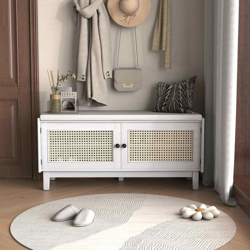 Polibi - 43.00 in. Antique White/Beige Wash Entryway Bench with Storage and Double Doors