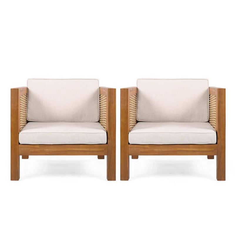 CHRISTOPHER KNIGHT HOME - Taven Teak Solid Wood Outdoor Lounge Chair with Beige Cushion and Wicker Armrest, Set of 2