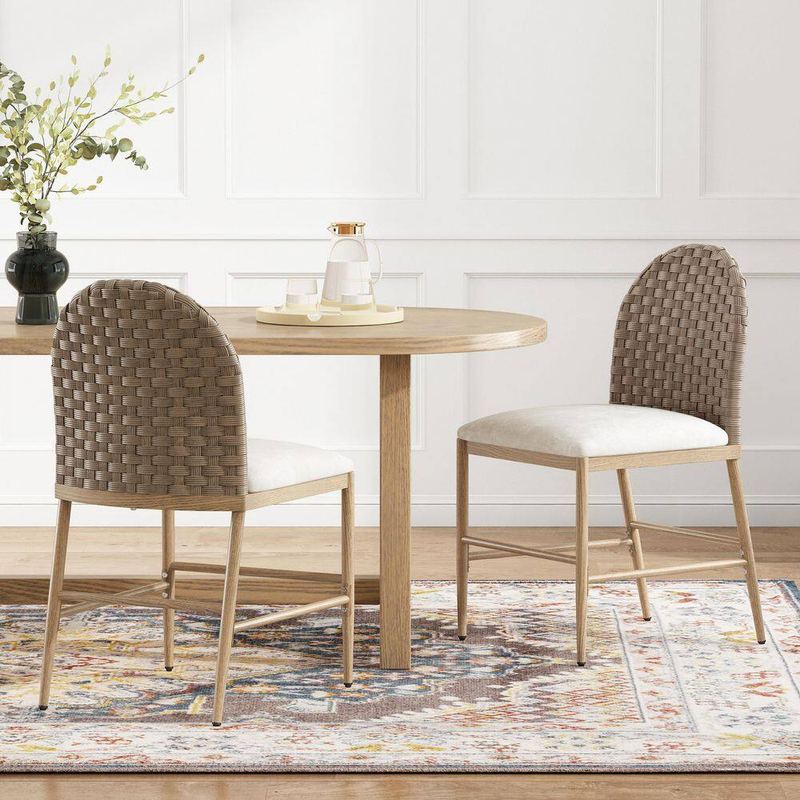 CHRISTOPHER KNIGHT HOME - Corwyn Rustic Polyester Upholstered Metal Frame Dining Side Chairs with Rattan Woven Backrest, Beige + Brown, (Set of 2)