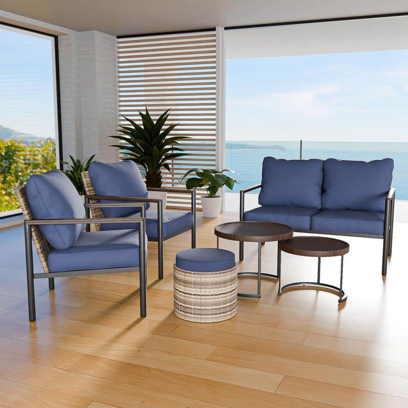 EAGLE PEAK - 6-Piece Brown Wicker Outdoor Patio Conversation Set with Blue Cushions, with Nesting Coffee Tabels and Ottoman
