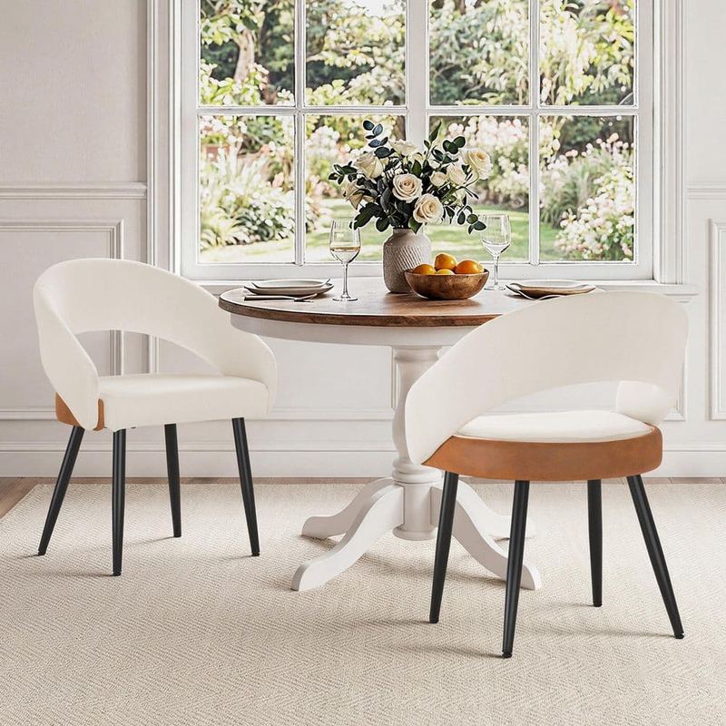 Corlekala - Modern Beige Fabric with Brown Faux Leather Upholstered Dining Chair Metal Base Armchair for Dining Room (Set of 2)