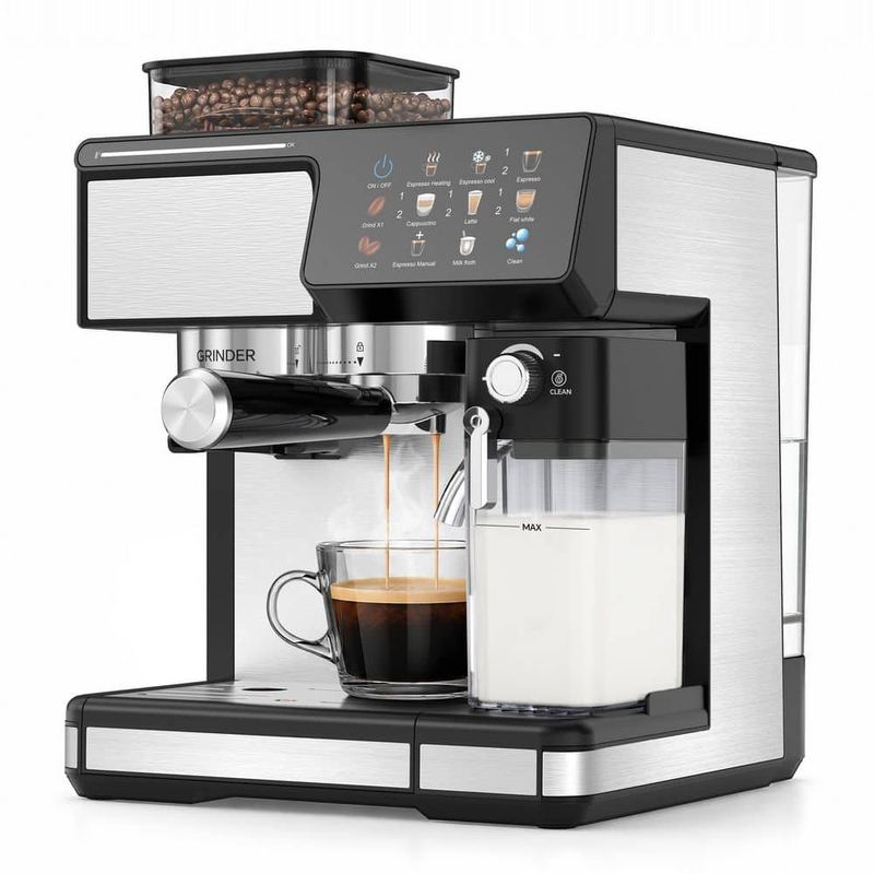 Anlicho - 2-Cup Silver Semi-Automatic Espresso Machine with Built-In Grinder, 20-Bar Extraction, NTC Temp Control