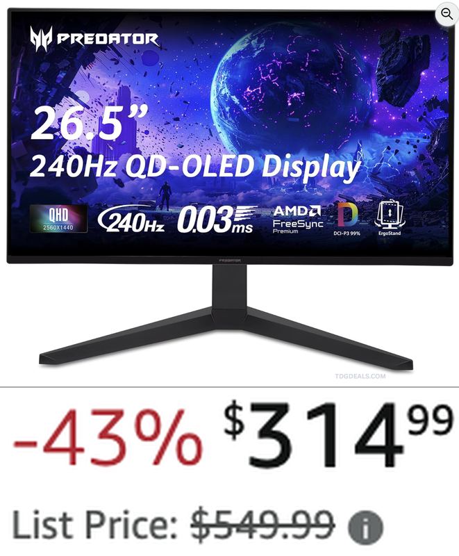 🚨  $549.99 ACER PREDATOR 26.5-IN QD-OLED MONITOR FOR $314.99