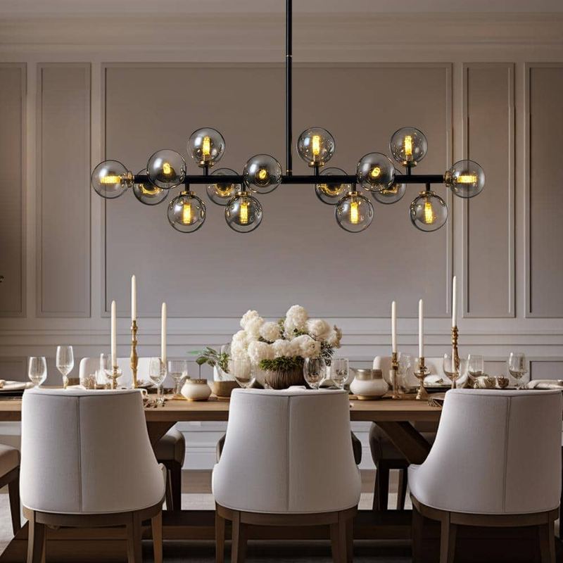 SILJOY - 16-Light Black Globe Sputnik Dining Room Chandelier Mid Century Linner Kitchen Island Pendant Light