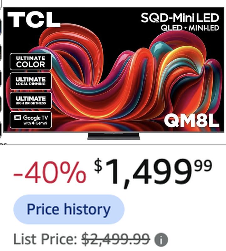 $1,000 OFF TCL 65" QM8L MINI LED QLED GOOGLE TV