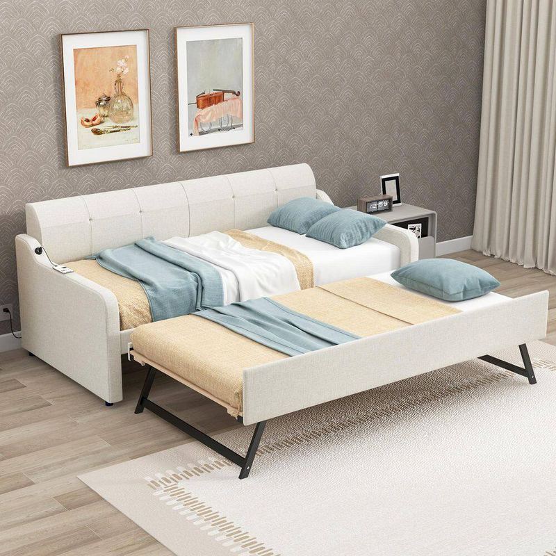 Nestfair - Beige Twin Size Upholstery Daybed with USB Charging Design and Trundle