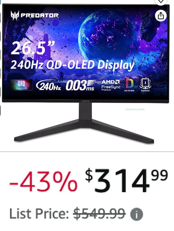 $314.99 ACER PREDATOR 26.5" QD-OLED MONITOR