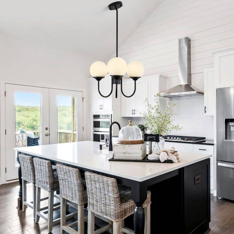 ADSENSTY - 3-Light Black Farmhouse Modern Pendant Light with Milky White Ball Glass Shade Chandelier for Dining Room